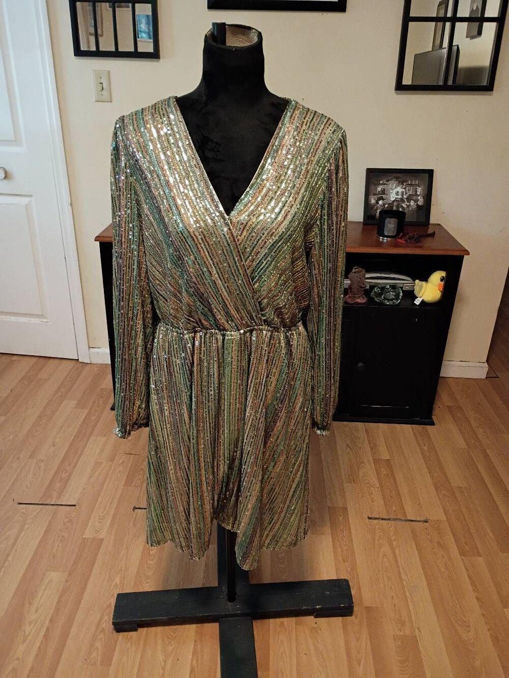 Large Long Sleeve Deep VNeck Sequin Embellished Dress Formal Evening Cruise